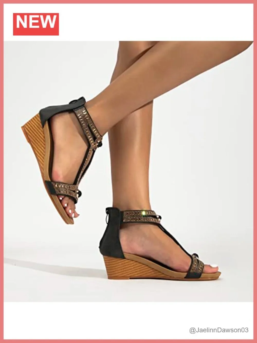 Women's Rhinestone Open Toe Wedge Sandals with Ankle Strap, Cushioned Faux